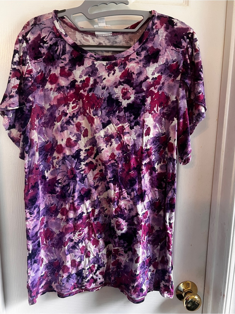 LuLaRoe Olive Purple and Magenta Floral Short-Sleeve Top